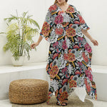Asian Chrysanthemum Pattern Print Silk V-Neck Kaftan Dress