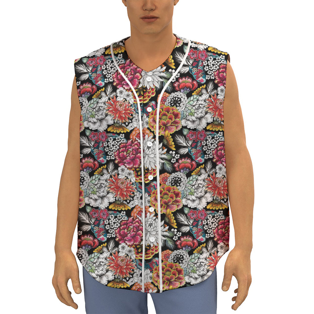 Asian Chrysanthemum Pattern Print Sleeveless Baseball Jersey