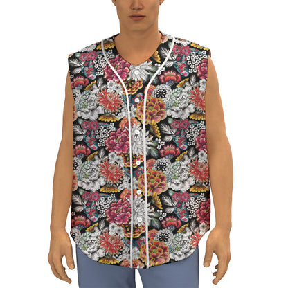 Asian Chrysanthemum Pattern Print Sleeveless Baseball Jersey
