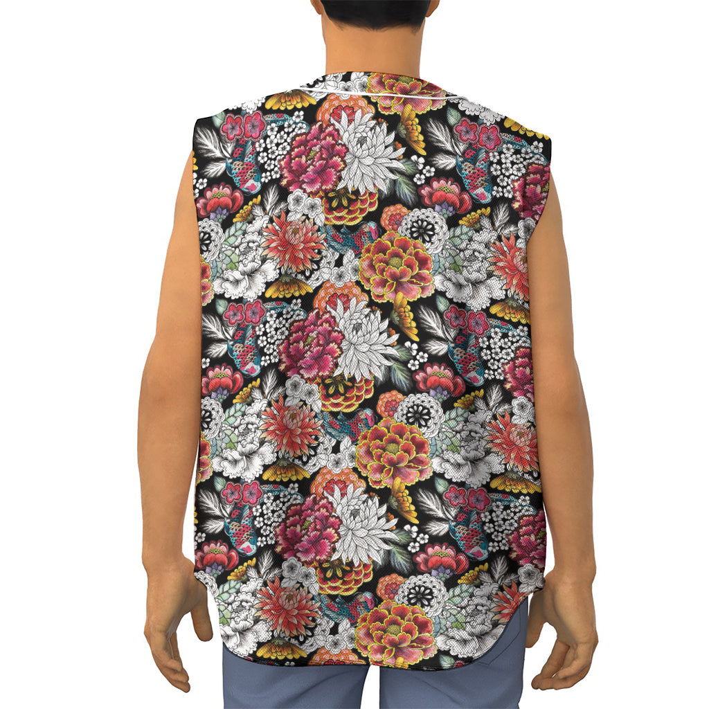 Asian Chrysanthemum Pattern Print Sleeveless Baseball Jersey
