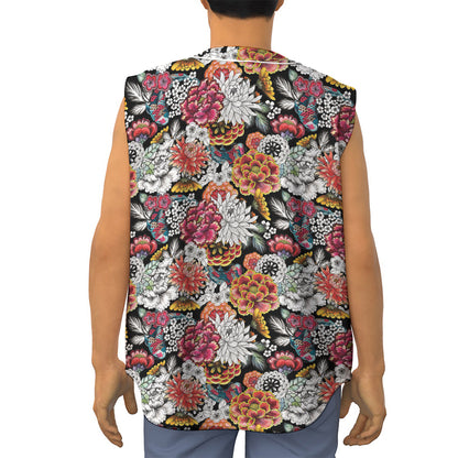 Asian Chrysanthemum Pattern Print Sleeveless Baseball Jersey