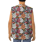 Asian Chrysanthemum Pattern Print Sleeveless Baseball Jersey