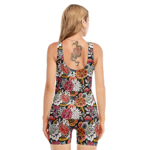 Asian Chrysanthemum Pattern Print Sleeveless One Piece Swimsuit