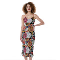 Asian Chrysanthemum Pattern Print Slim Fit Midi Cami Dress