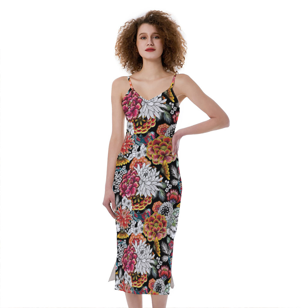 Asian Chrysanthemum Pattern Print Slim Fit Midi Cami Dress