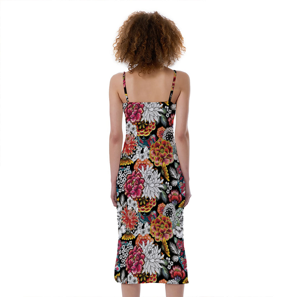 Asian Chrysanthemum Pattern Print Slim Fit Midi Cami Dress