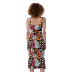 Asian Chrysanthemum Pattern Print Slim Fit Midi Cami Dress