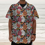 Asian Chrysanthemum Pattern Print Textured Short Sleeve Shirt