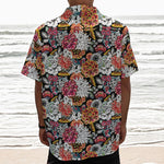 Asian Chrysanthemum Pattern Print Textured Short Sleeve Shirt