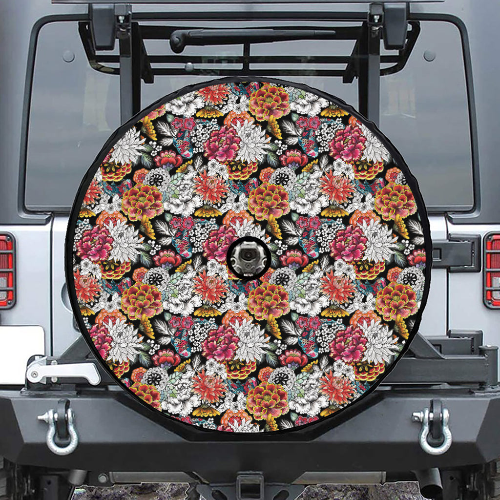 Asian Chrysanthemum Pattern Print Tire Cover With Camera Hole