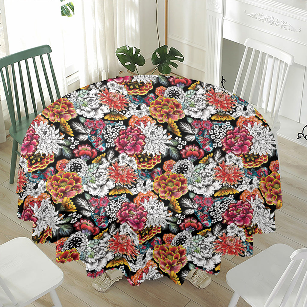 Asian Chrysanthemum Pattern Print Waterproof Round Tablecloth