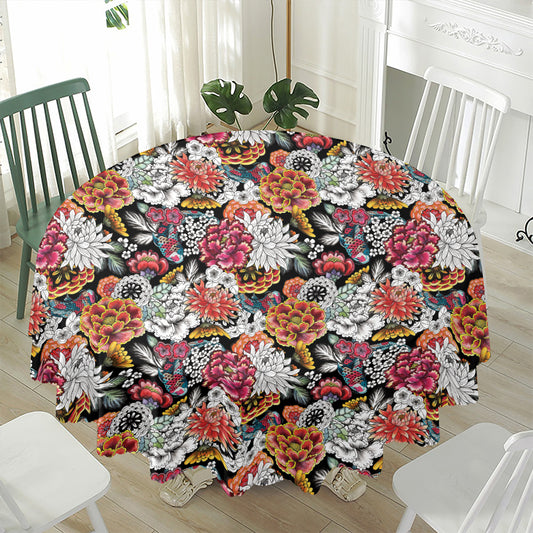 Asian Chrysanthemum Pattern Print Waterproof Round Tablecloth