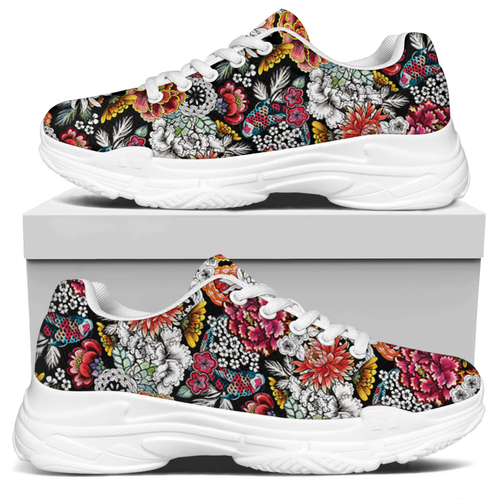 Asian Chrysanthemum Pattern Print White Chunky Shoes