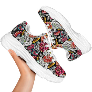 Asian Chrysanthemum Pattern Print White Chunky Shoes