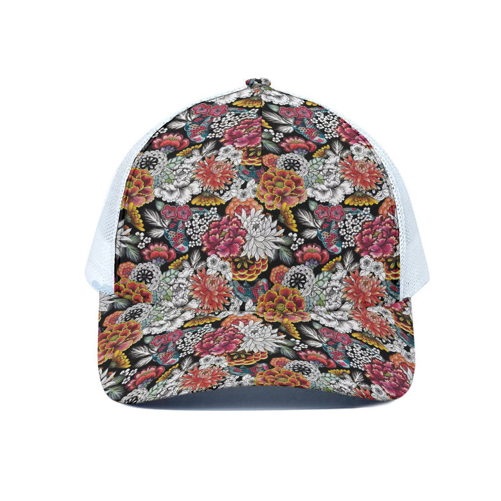 Asian Chrysanthemum Pattern Print White Mesh Trucker Cap