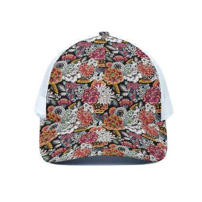 Asian Chrysanthemum Pattern Print White Mesh Trucker Cap