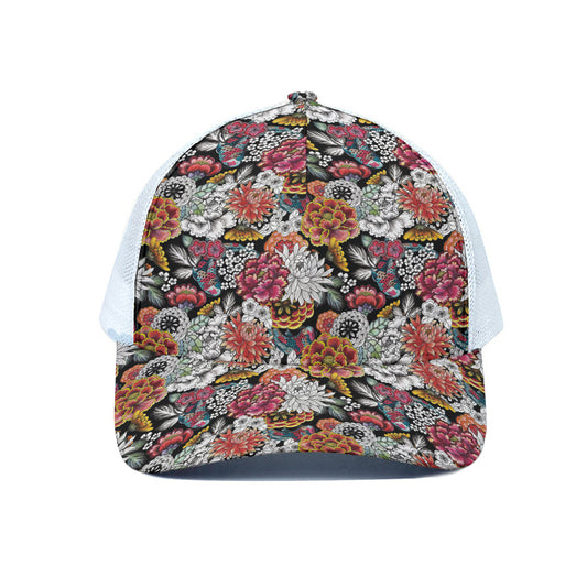 Asian Chrysanthemum Pattern Print White Mesh Trucker Cap