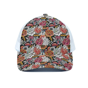 Asian Chrysanthemum Pattern Print White Mesh Trucker Cap