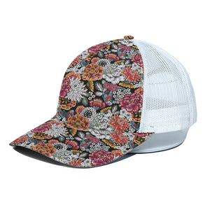 Asian Chrysanthemum Pattern Print White Mesh Trucker Cap