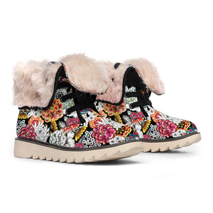 Asian Chrysanthemum Pattern Print Winter Boots