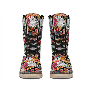 Asian Chrysanthemum Pattern Print Winter Boots