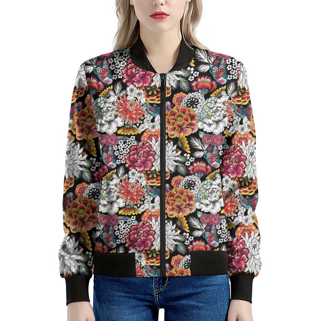 Asian Chrysanthemum Pattern Print Women's Bomber Jacket