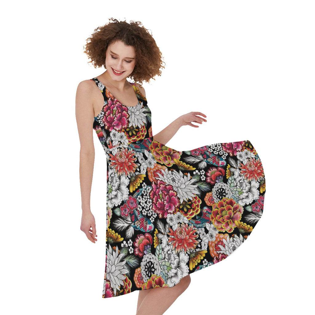 Asian Chrysanthemum Pattern Print Women's Sleeveless Dress
