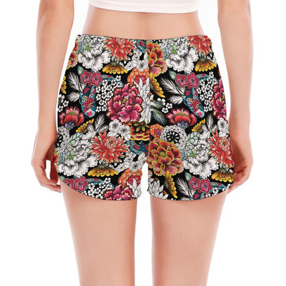Asian Chrysanthemum Pattern Print Women's Split Running Shorts