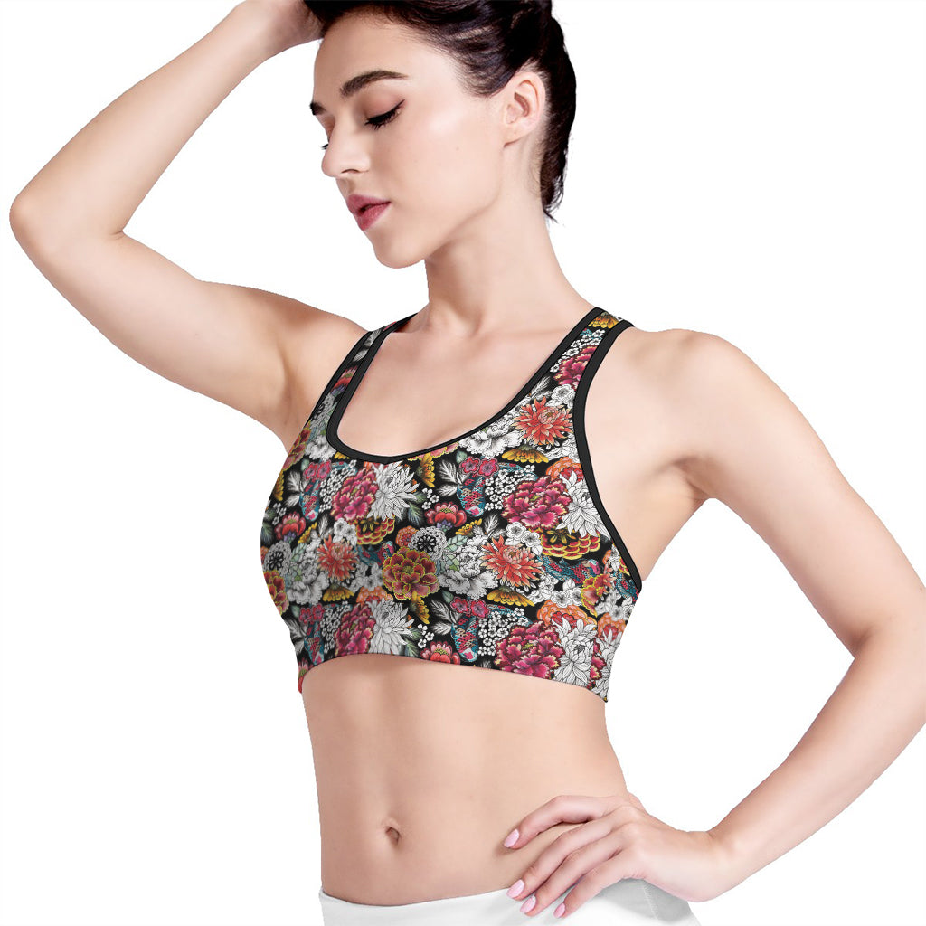 Asian Chrysanthemum Pattern Print Women's Sports Bra