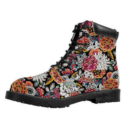 Asian Chrysanthemum Pattern Print Work Boots
