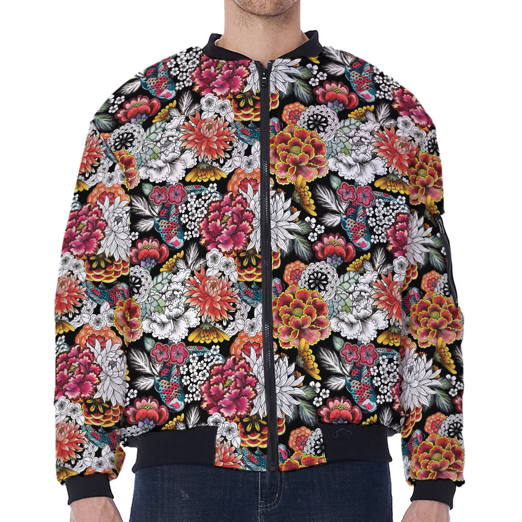 Asian Chrysanthemum Pattern Print Zip Sleeve Bomber Jacket