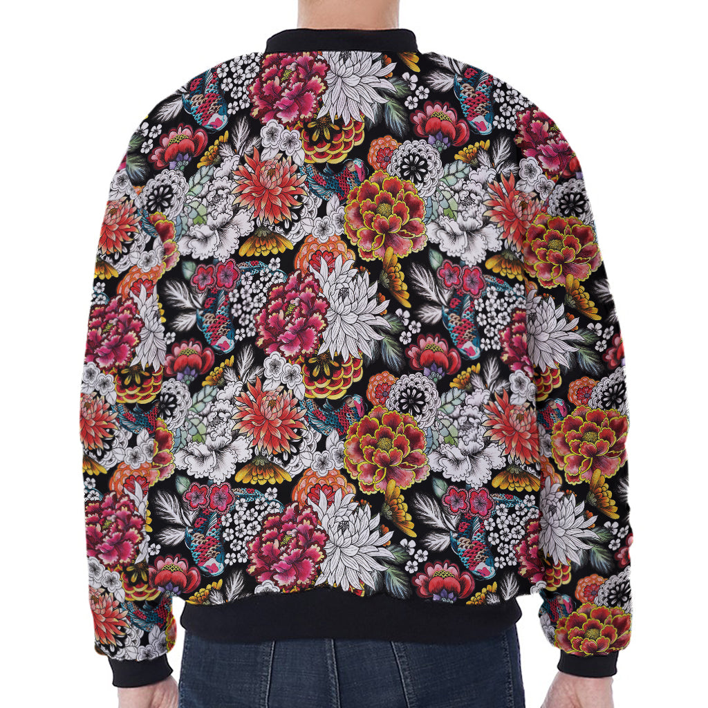 Asian Chrysanthemum Pattern Print Zip Sleeve Bomber Jacket