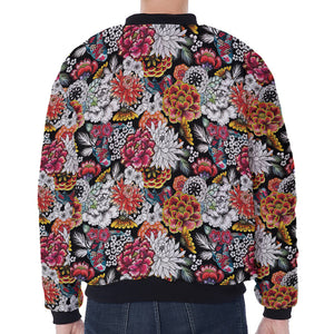 Asian Chrysanthemum Pattern Print Zip Sleeve Bomber Jacket