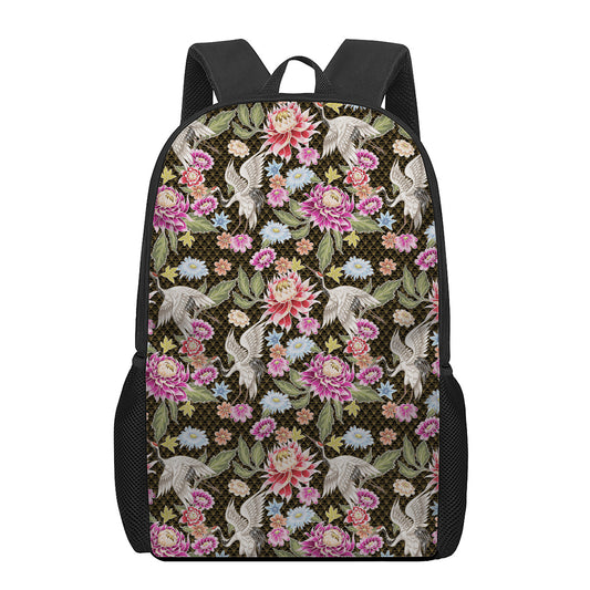 Asian Crane Bird Pattern Print 17 Inch Backpack