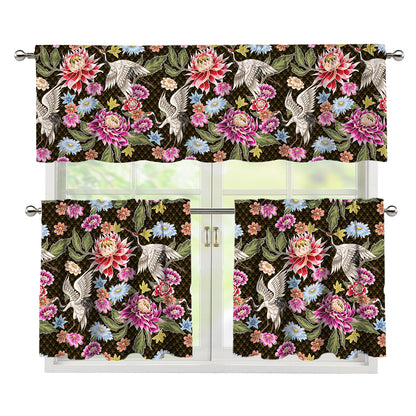 Asian Crane Bird Pattern Print 3 Piece Kitchen Curtains
