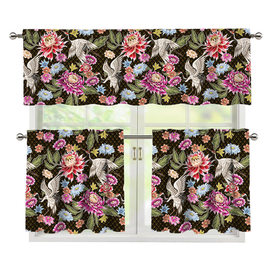 Asian Crane Bird Pattern Print 3 Piece Kitchen Curtains