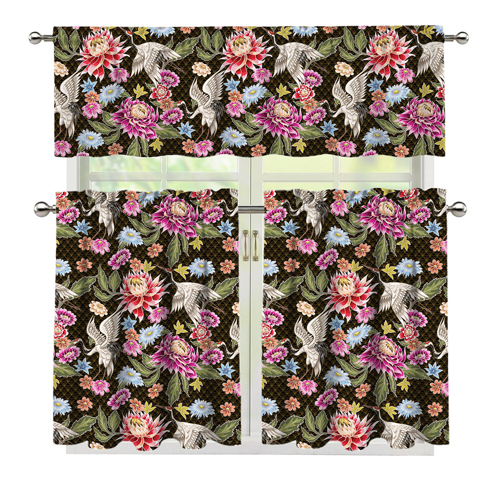 Asian Crane Bird Pattern Print 3 Piece Kitchen Curtains