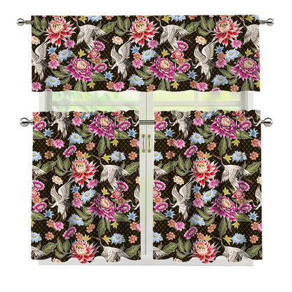 Asian Crane Bird Pattern Print 3 Piece Kitchen Curtains