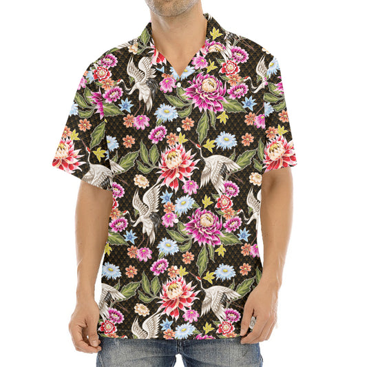 Asian Crane Bird Pattern Print Aloha Shirt