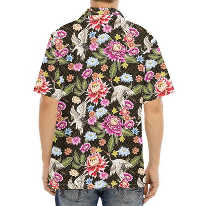 Asian Crane Bird Pattern Print Aloha Shirt