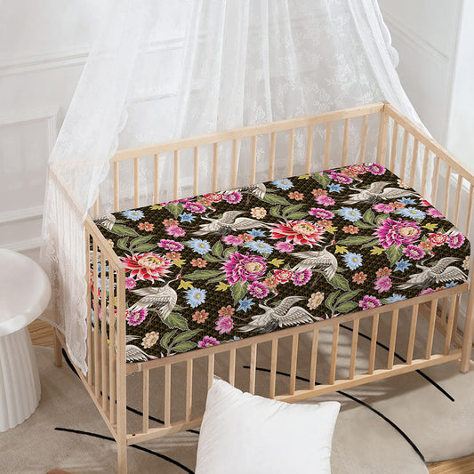 Asian Crane Bird Pattern Print Baby Crib Sheet