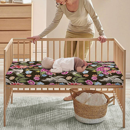 Asian Crane Bird Pattern Print Baby Crib Sheet