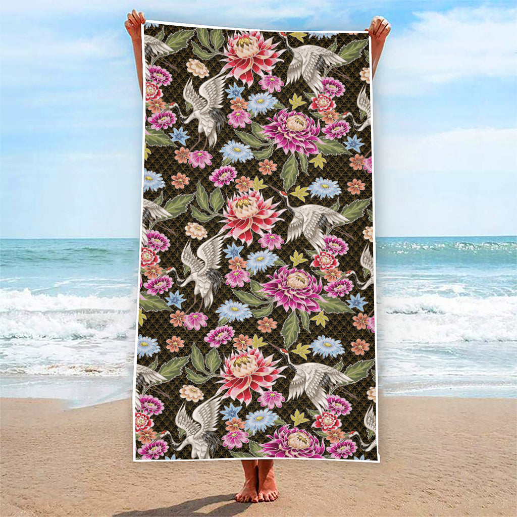 Asian Crane Bird Pattern Print Beach Towel