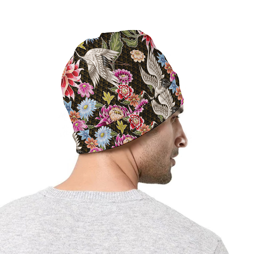 Asian Crane Bird Pattern Print Beanie