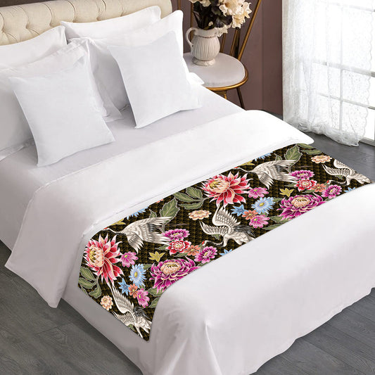 Asian Crane Bird Pattern Print Bed Runner