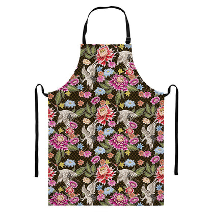 Asian Crane Bird Pattern Print Bib Apron With Pocket