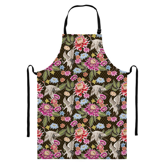 Asian Crane Bird Pattern Print Bib Apron With Pocket