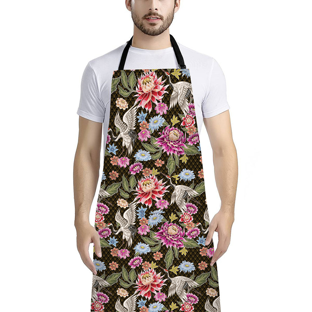 Asian Crane Bird Pattern Print Bib Apron With Pocket