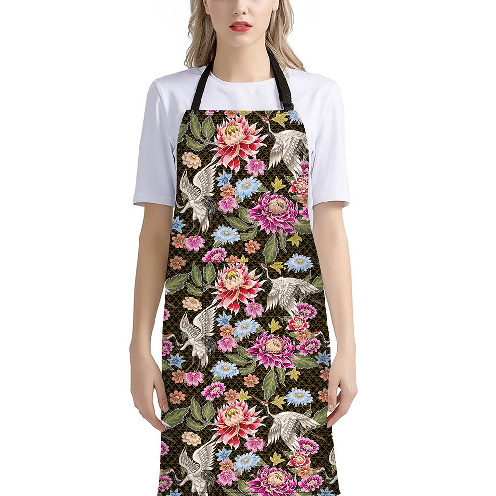 Asian Crane Bird Pattern Print Bib Apron With Pocket