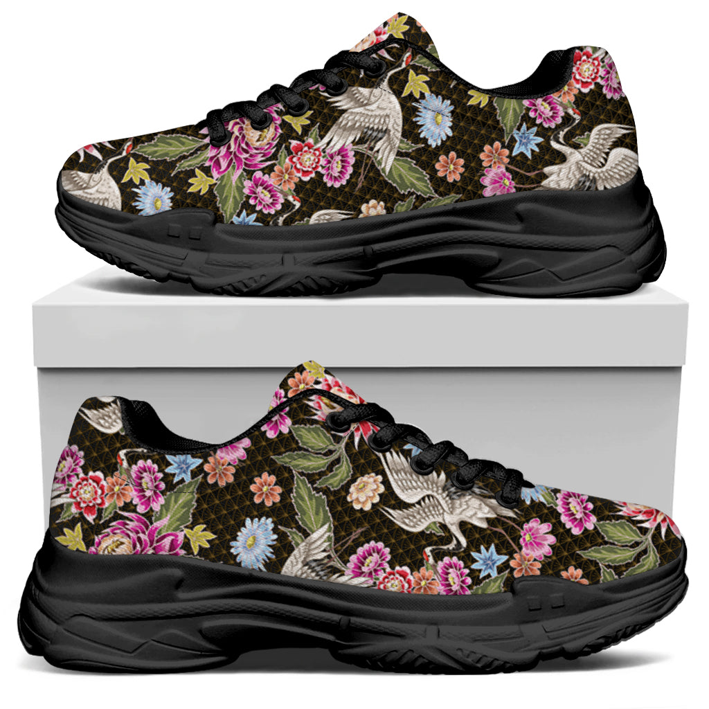 Asian Crane Bird Pattern Print Black Chunky Shoes